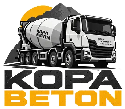 Kopa Beton – betonomieszarka na tle gór i wschodzącego słońca, hasło: mocny fundament, lepsze jutro